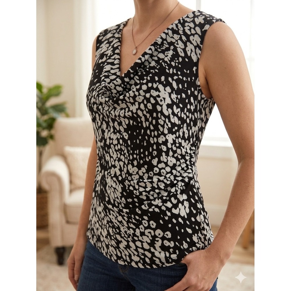Sofia Vergara Womens Black White Animal Print Cowl Neck Ruched Top L